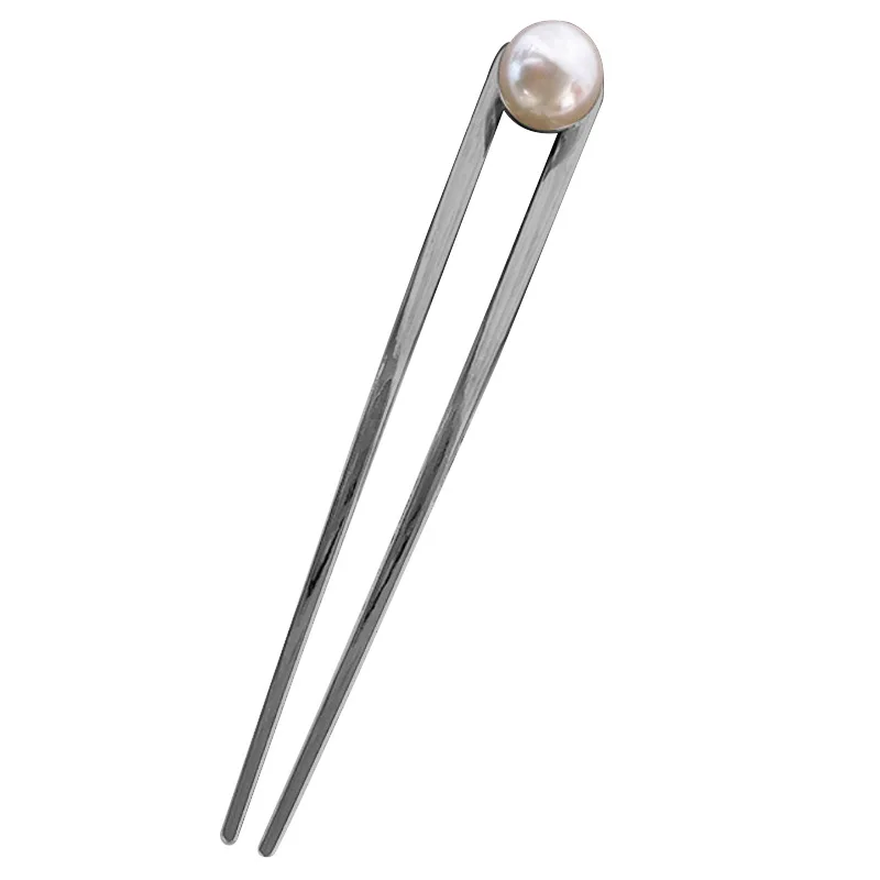 Korean U Shape Elegant Rose Gold Black Silver Metal Hair Stick Handmade Pearl Chopstick Girls Hair Accessories Hair Clips Pins