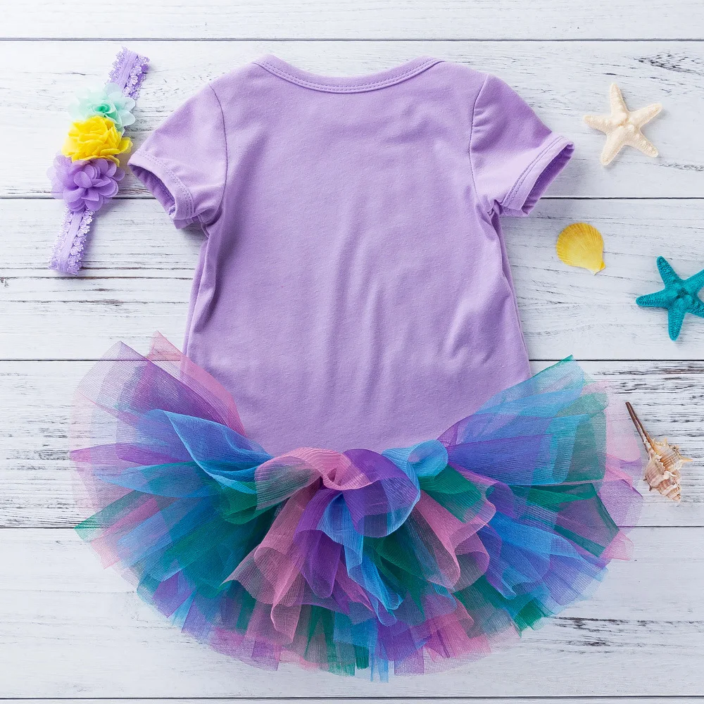 
Toddler short sleeve princess onesie with headband purple printed tutu dress baby romper 