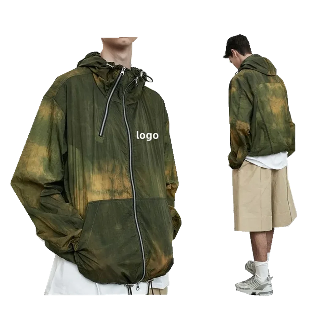 OEM Custom Design Unisex running Print Embroidery Custom Tie Dye  Nylon Wind Zip Up Jacket Polyester Windbreaker Jacket