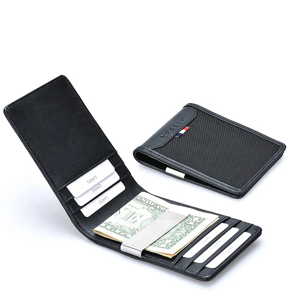 2019 hot sale black ballistic nylon genuine leather rfid custom slim money clip