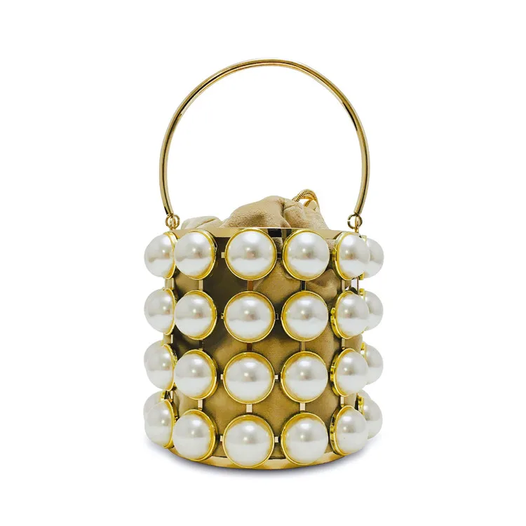 Women Metal Drawstring Cage Bag Beads Large Pearl Luxury Basket Handbag Evening Party Totes Clutch