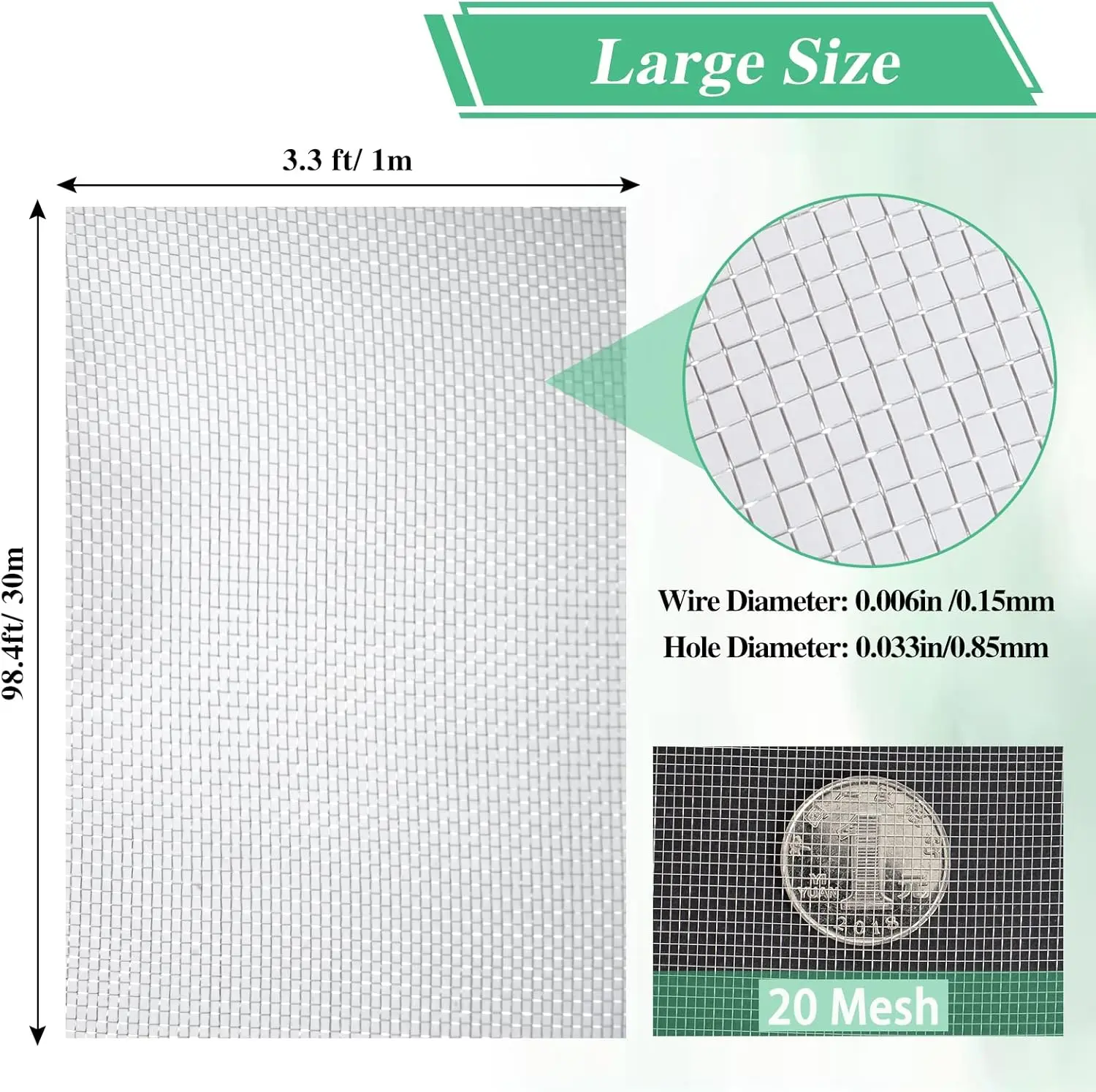 Fly Screens Roll for Windows 304 Stainless Steel Insect Mesh 3.3 x 98.4ft Woven Wire Mesh Roll 20 Mesh
