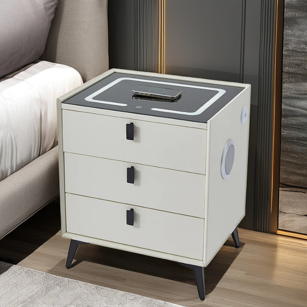 Smart Solid Wooden Night Stand Bedroom Furniture Smart Coffee Table with 3-Light Glass Top USB Wireless Charger Speaker