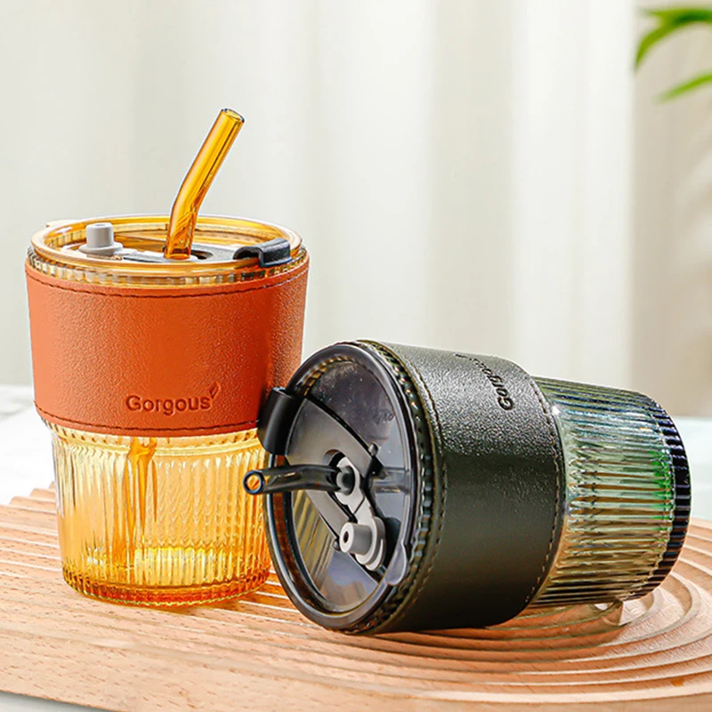 Wholesale Custom Logo Stripe Glass Coffee Cup 400ml Reusable Juice Milk Mug with Straws Lids