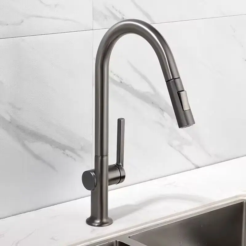 Brushed Gold Kitchen Faucet with Pull Down Sprayer High Arc Brassl Material One Hole Kitchen Mixer