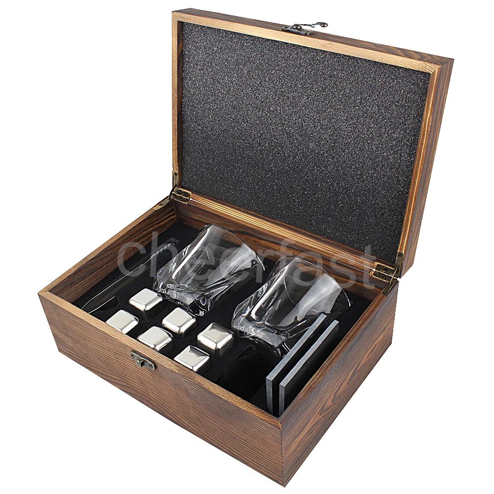 Custom 6pcs Cooling Stones Whiskey 304 Stainless Steel Reusable Chilling Ice Cube Stone Crystal Glasses Whiskey Glass Gift Set