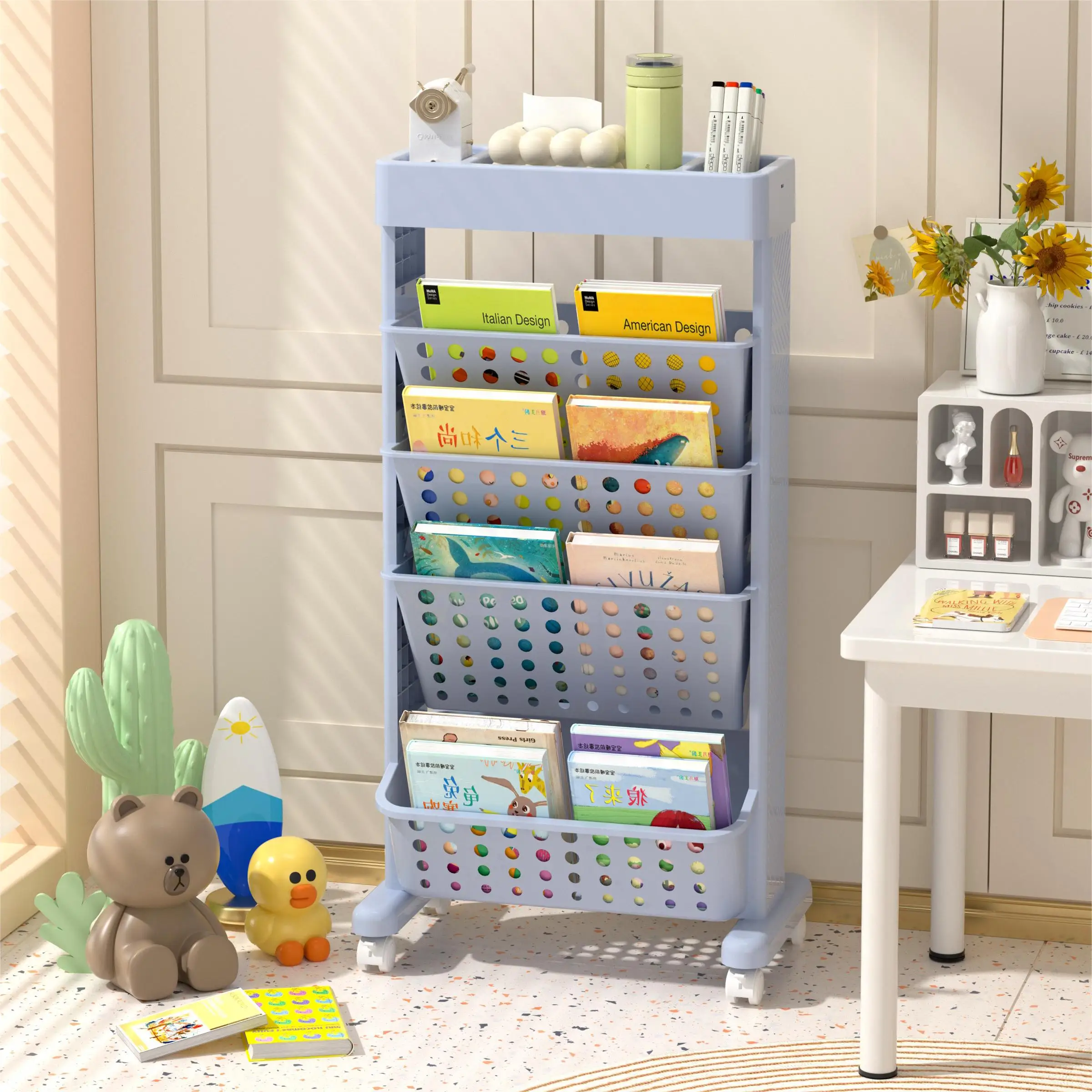 Multi-function Removable Bookcase Office Classroom Bookshelf Plastic Book Stand Holder With Wheels