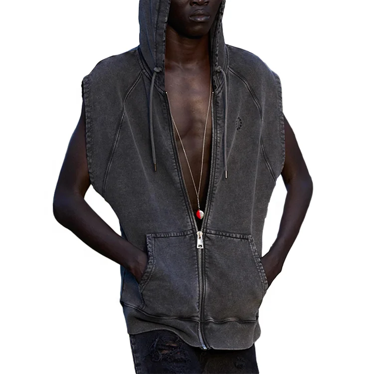 Finch Garment OEM hoodies zip up sleeveless clothes for men street wear sleeveless acid wash hoodie