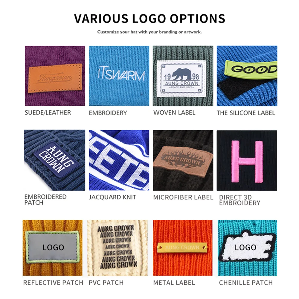 New Fashion customize unisex embroidery patch acrylic winter knitted hats pom pom beanies with custom logo