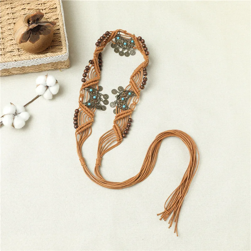 2024 Vintage Bohemian Waxed Rope Beads Handmade Woven Waist Chain Belts Jewelry For Womens Dress