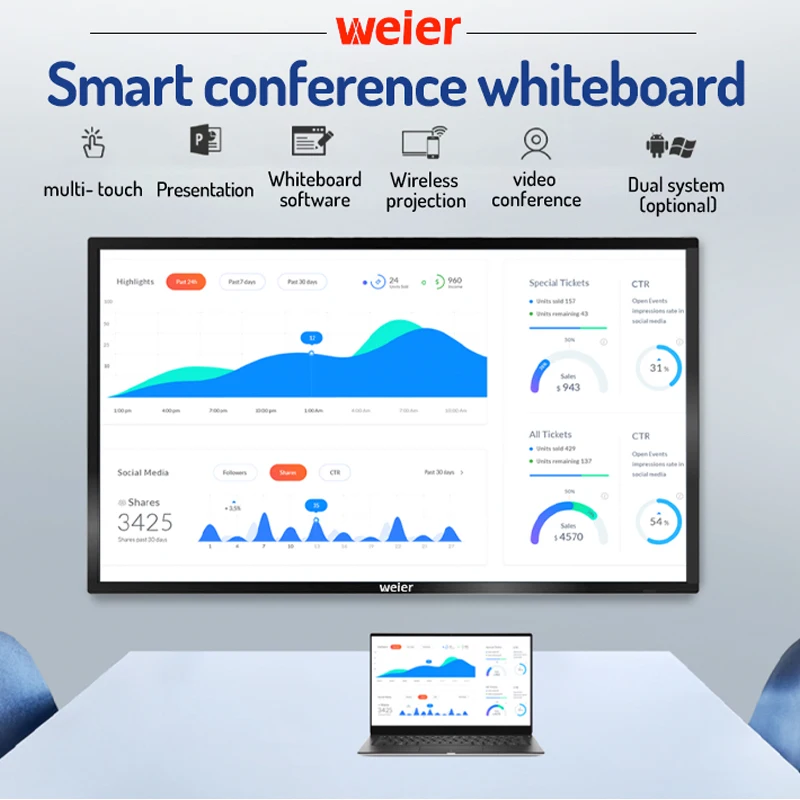 weier 55 65 75 86 98 inch manufacturer 4K touch screen panel interactive smart board for meeting and teaching