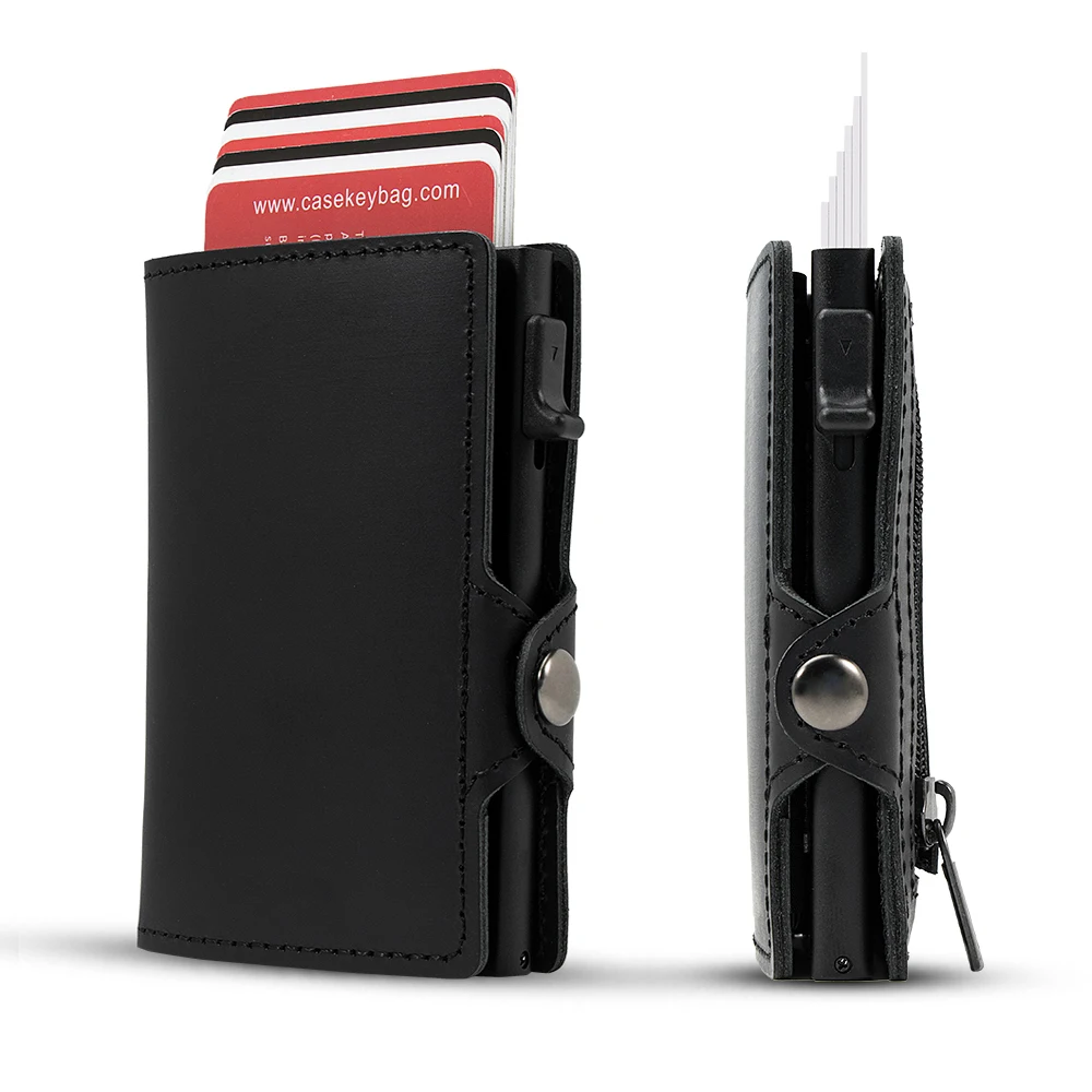 High Quality Oil Wax Smooth Real Leather Pop up Slim Card Holder Wallet Business ID Card Aluminium RFID Protected Smart Wallet