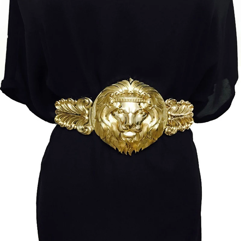 Gold Lion Head Women Elastic Belts,Europe Explosion Carved Wide Elastic Belts