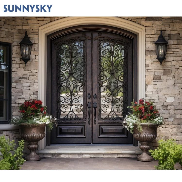 Двери из закаленного стекла кованого железа Sunnysky в европейском стиле