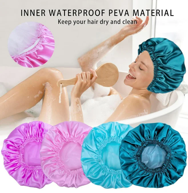 New  Double Waterproof Layers Shower Cap Elastic Reusable Bath Caps Protection Hair Bath Hat for Bathing Cooking Baking Cleaning