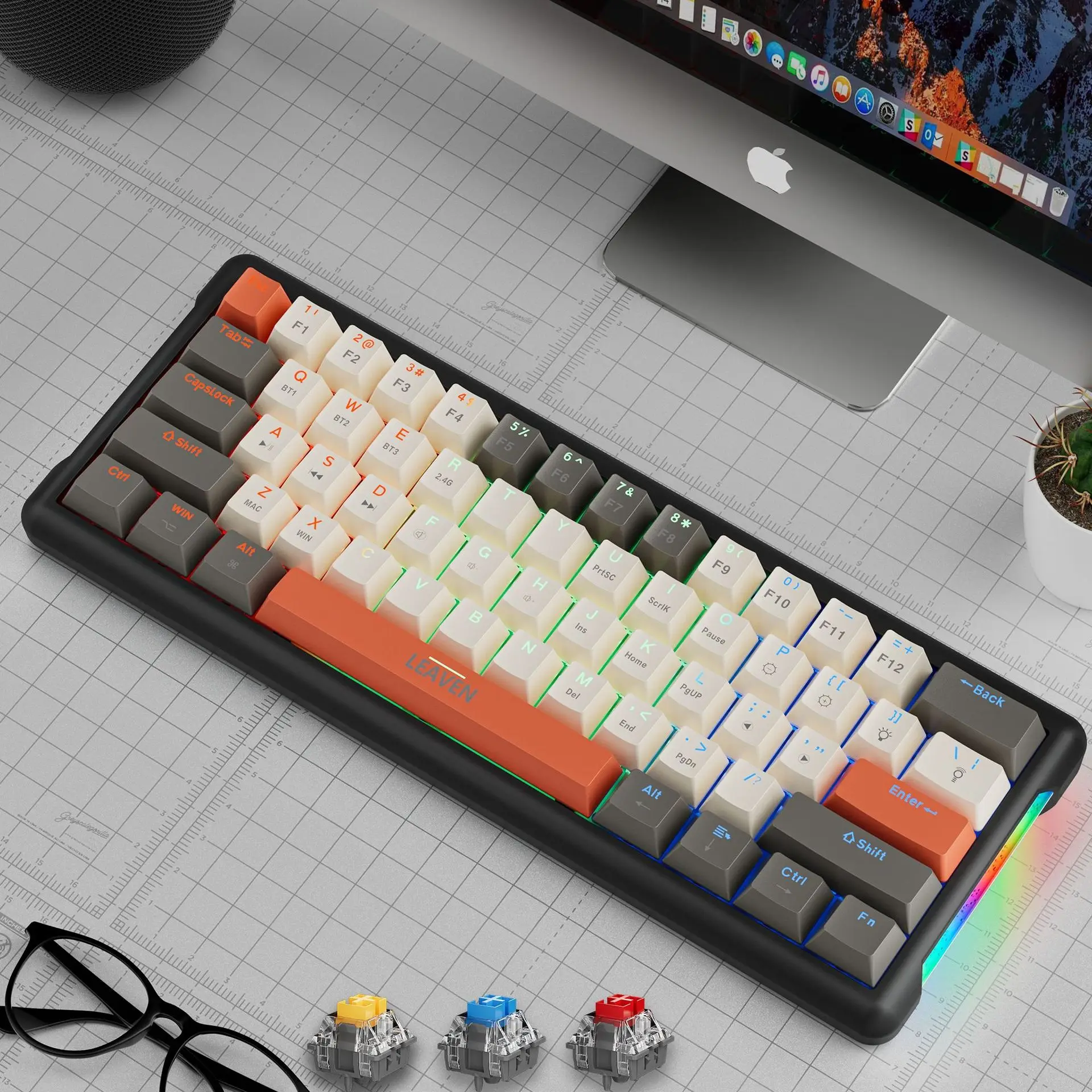 K610 Three Mode Mix Color Fashion RGB Ergonomic Wired Wireless Hot Swap Mechanical Keyboards