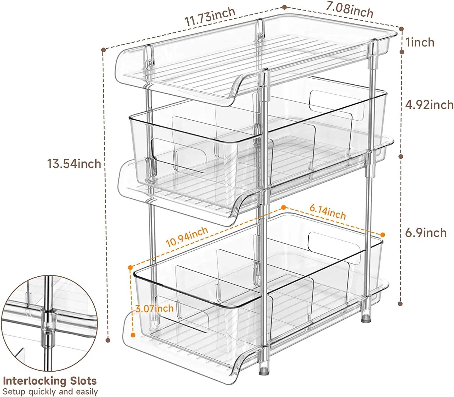 3 Tier Clear Organizer with dividers,  Multi-Purpose Pull-out Pantry storage Under Sink Closet Organizer,transparent storage box