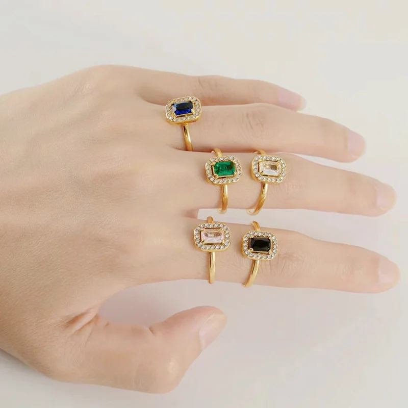 Stylish adjustable stainless steel rings stacking square citrine turquoise open ring 14k gold for girls