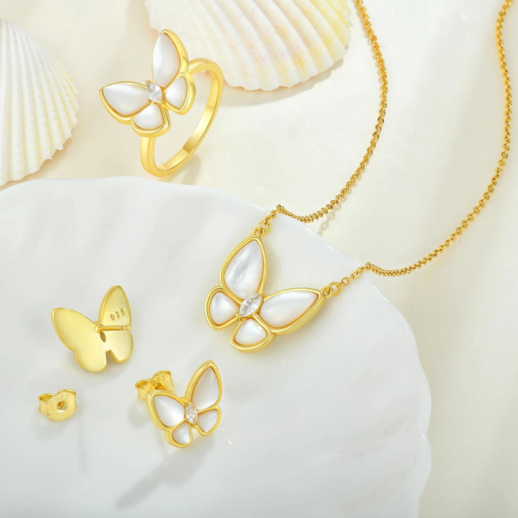New style jewelry set zircon butterfly 925 silver sets shell choker necklace earrings ring gold plated jewelry sets for women