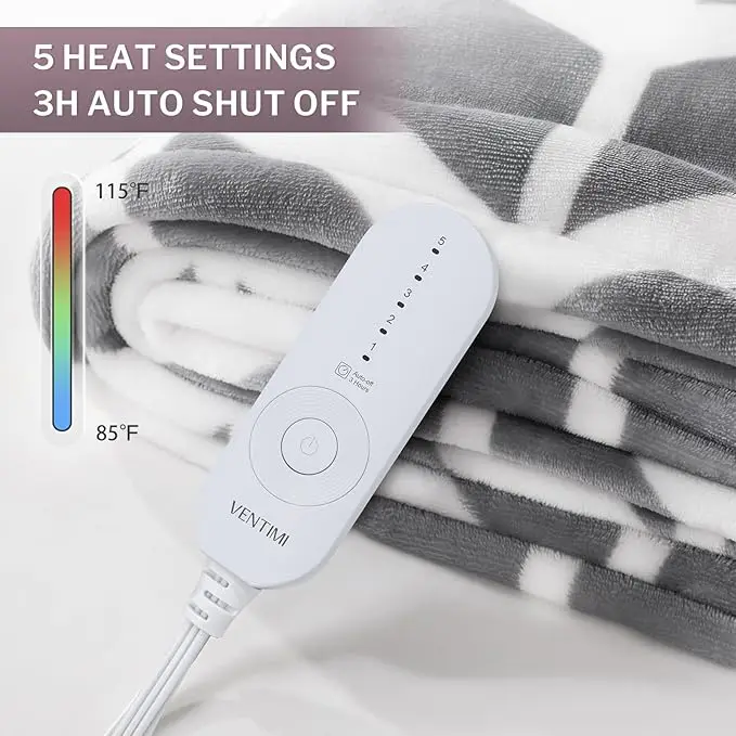 Electric Blanket Throw Heated Blanket with 5 Levels & 3 Hours Auto Off Fast Heating Blanket