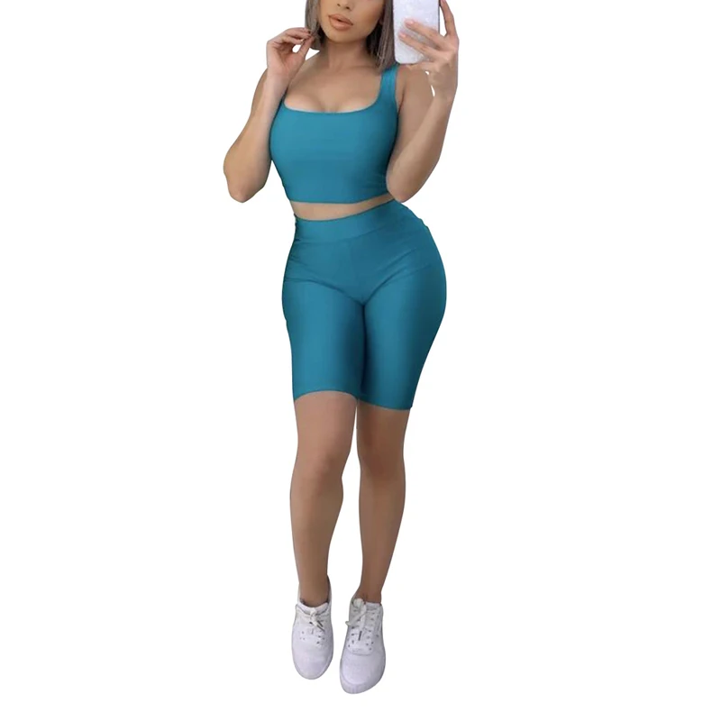 Custom Logo Workout Sets Wholesale Breathable Short Yoga Set Fashion Solid Color Women Biker Shorts Set