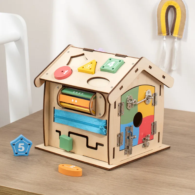 Kids Montessori Busy House Wooden Busy Board Toy for Toddlers Sensory House Activity Cube Toys Intelligence Unlock Box
