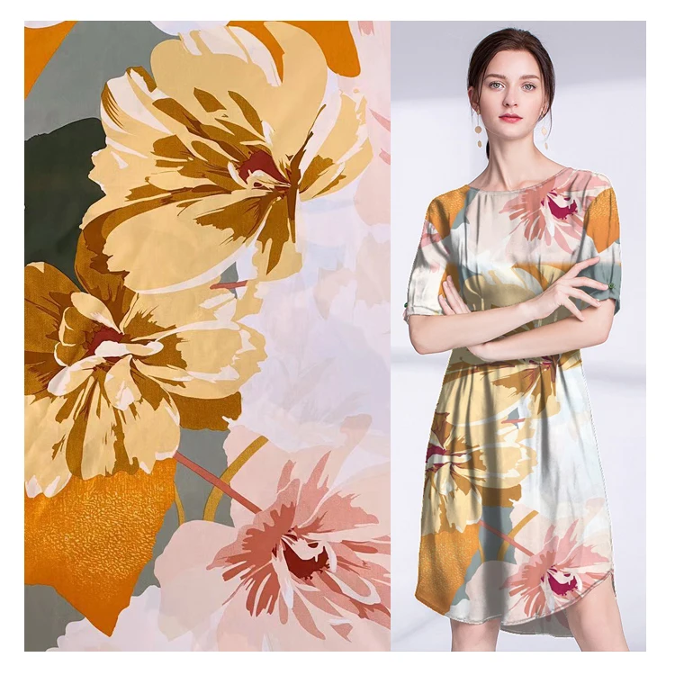 Stock Woven Plain Spun Rayon Leaf Motif Viscous 100% Viscose Floral Printed Rayon Challis Fabric