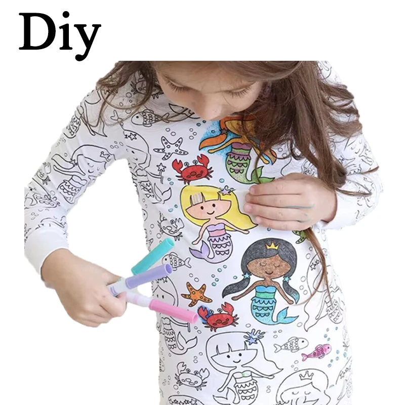 2023 New Custom cotton marker diy kids pajamas drawing pijamas Graffiti Pyjamas  white pajamas coloring pajamas for kids diy