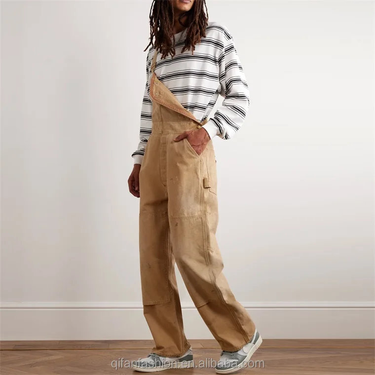 Custom vintage wash workwear cargo distressed canvas overalls for men