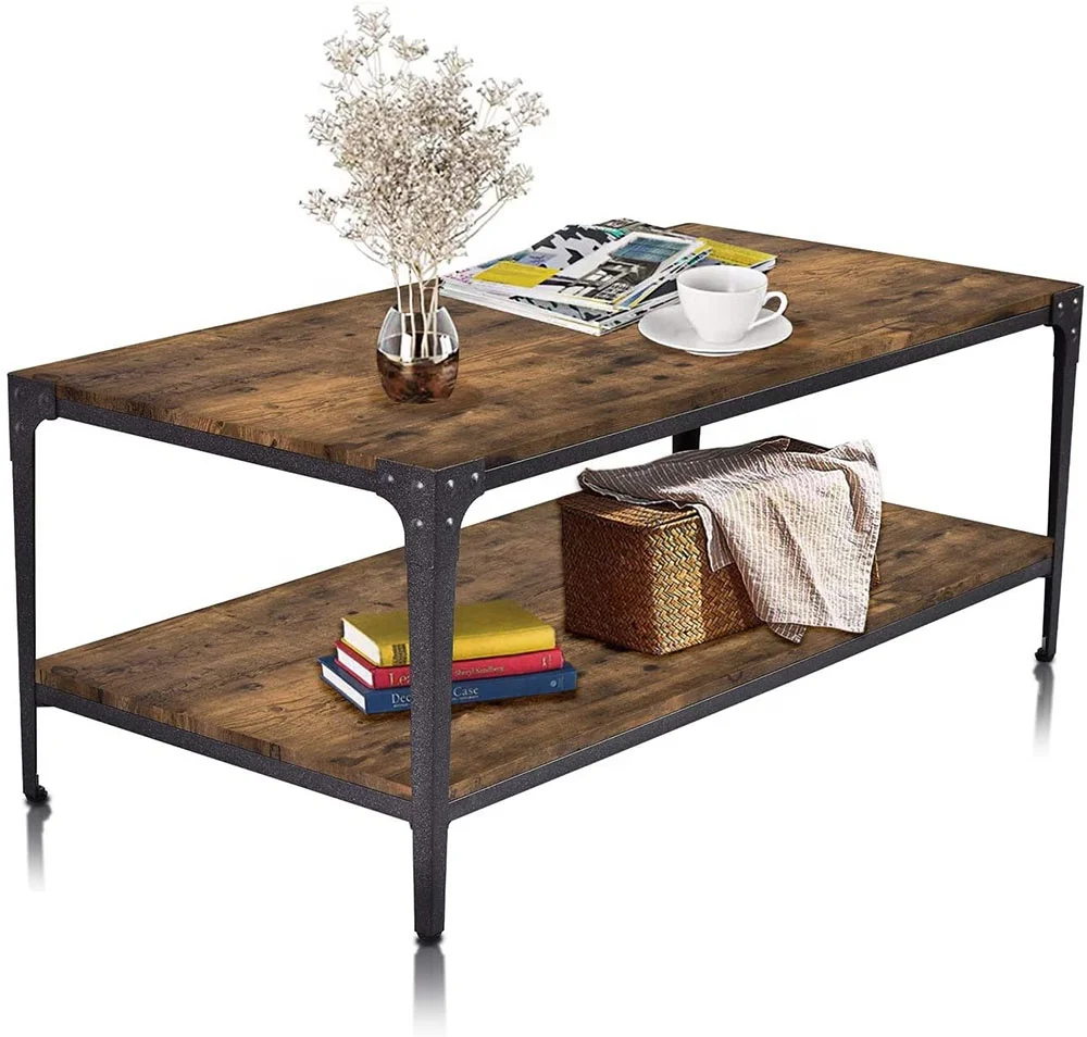 Industrial Coffee Tables with Shelf, Wooden living room Tabletop and Metal Frame , Rustic brown home furniture