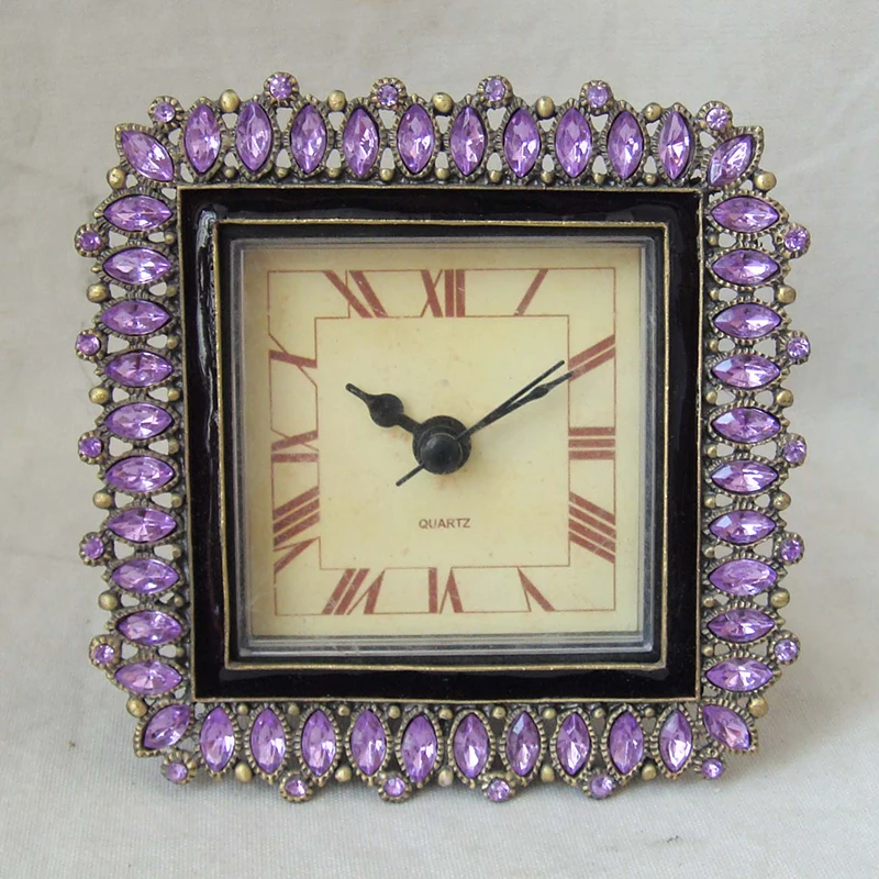 Square Silver White Bejeweled Metal Zinc Alloy Framed Desk Quartz Clock