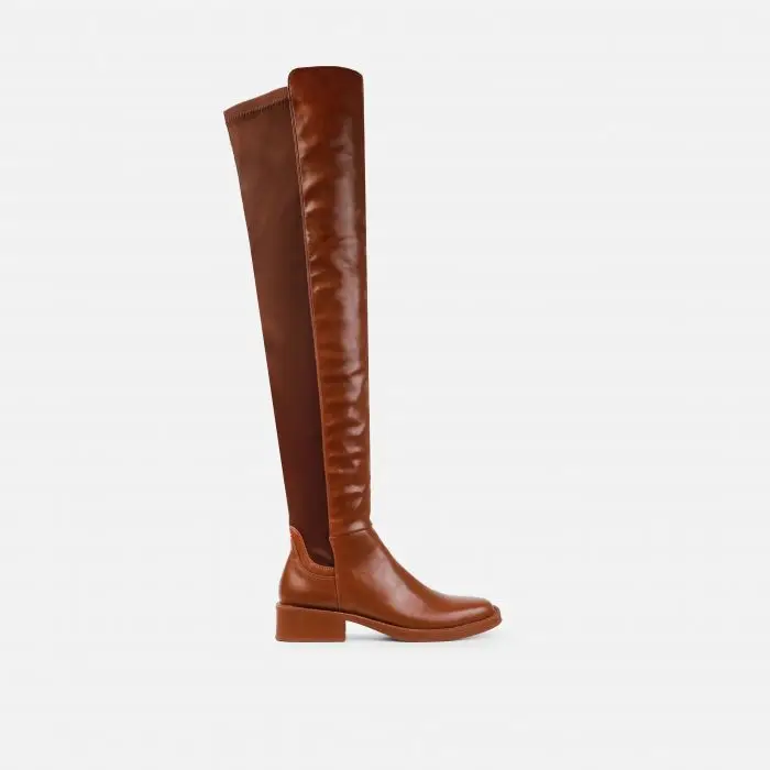 over the knee thigh high long biker boot in brown faux leather and lycra for women and laddies
