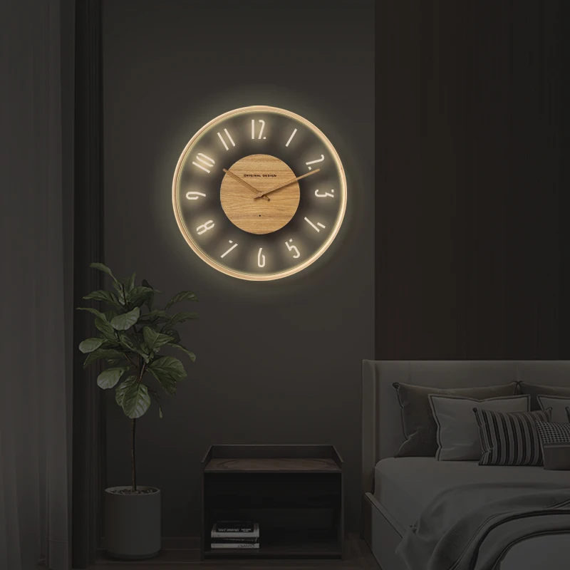 2024 New Original Design glowing clock Nordic Simple acrylic luxury wooden led light wall clocks custom