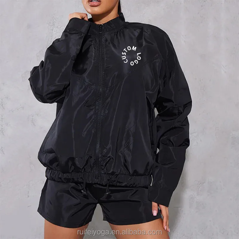 Custom Logo Quick Dry Waterproof Unisex Front Full Zipper Gym Fitness Black Sport Shell Nylon Windbreaker Jacket For Women