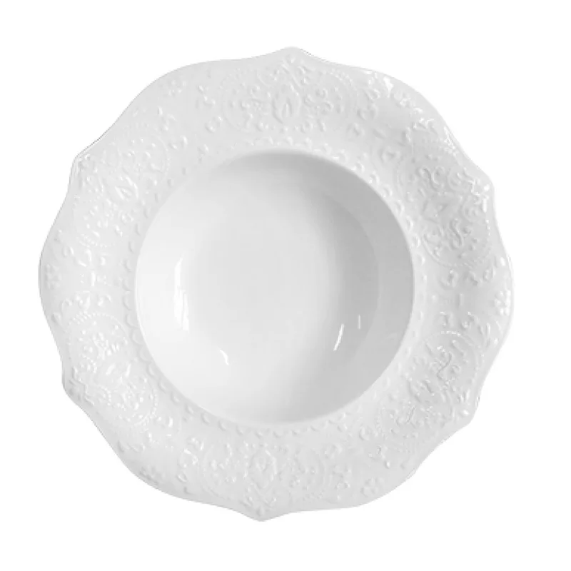 HoReCa Printing LOGO white Round ceramic shallow plates wedding personalized embossed porcelain plates