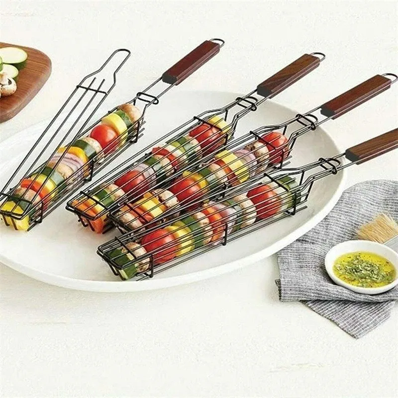 Wooden Handle Stainless Steel Meat and Vegetable Mesh Cleats Barbecue clip Household outdoor BBQ barbecue utensils