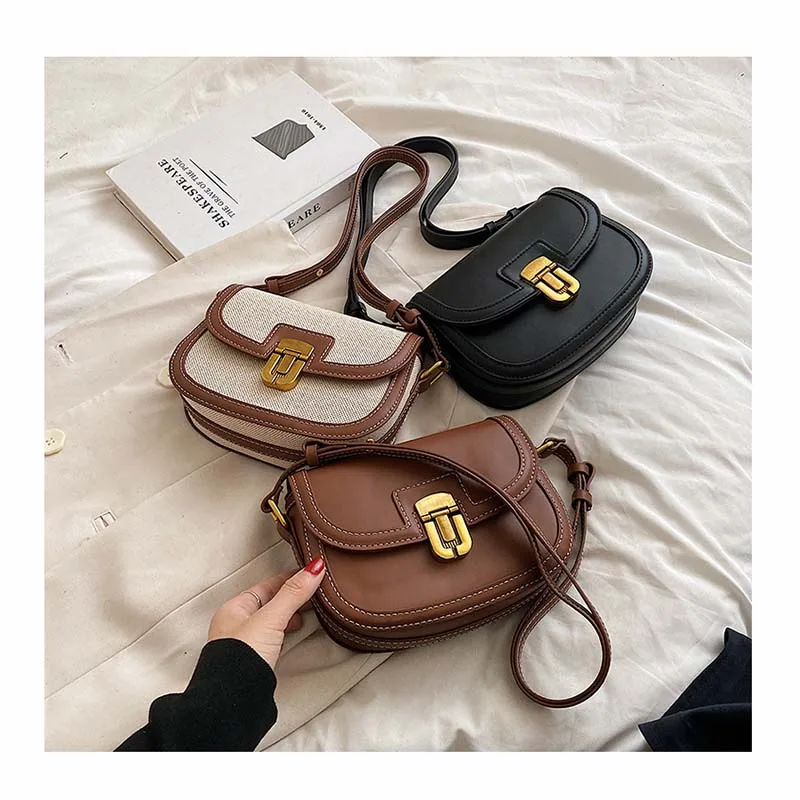 Autumn Retro Small Saddle Bags Quilted Ladies Chic Lock Flap Messenger Bags Contrast Color Female Shoulder Purses Bolsas