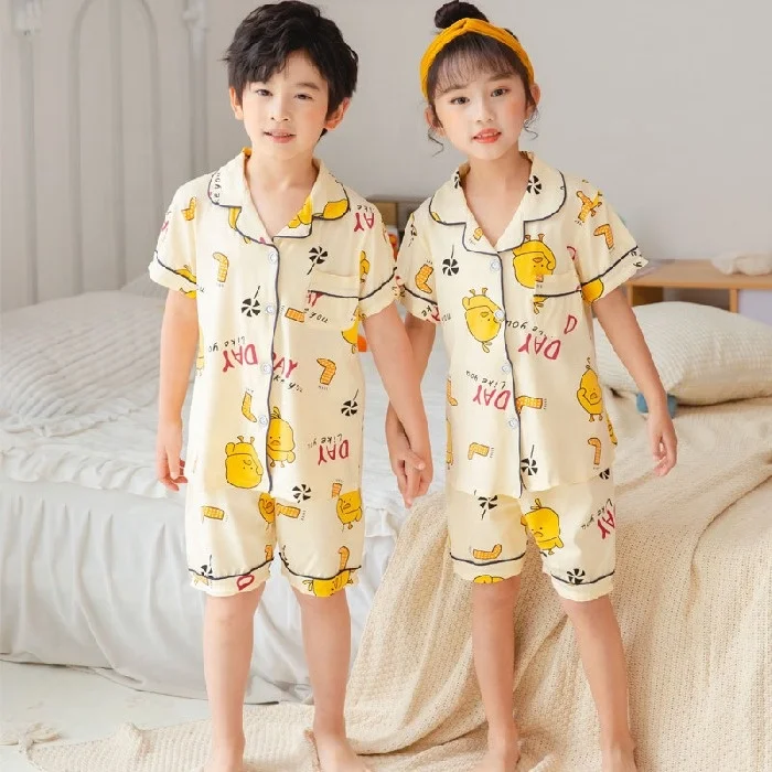 Summer Kids Sleepwear Turn-down Collar Cartoons Boys Pajamas Short Sleeve Trouser 2Pcs Sets Home Wear Girl Air Conditioning Suit