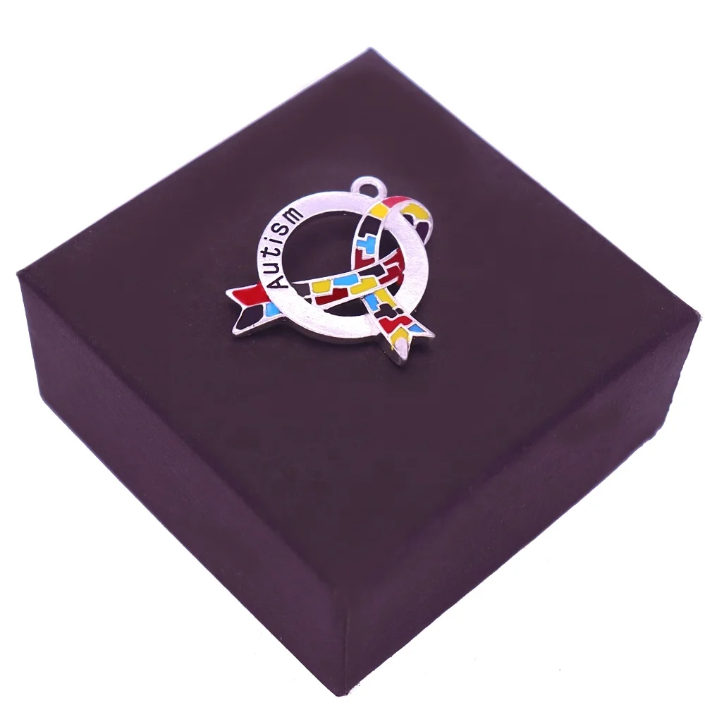 Custom Design Metal Colorful Enamel Jigsaw Autism Puzzle Piece Ribbon Charm Cancer Awareness Pendants Faith Hope Jewelry