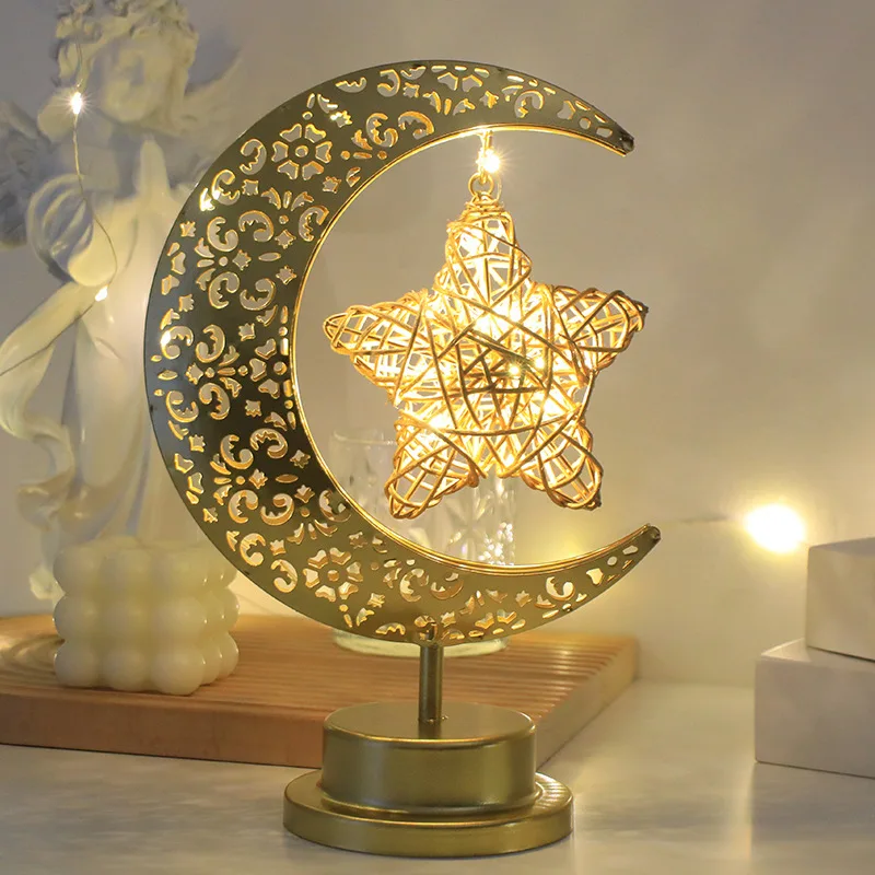 New Eid Mubarak Decor Islamic Gift Metal Crafts Ramadan Decorations Led Battery Light Moon Star Table Ramadan Night Lamps