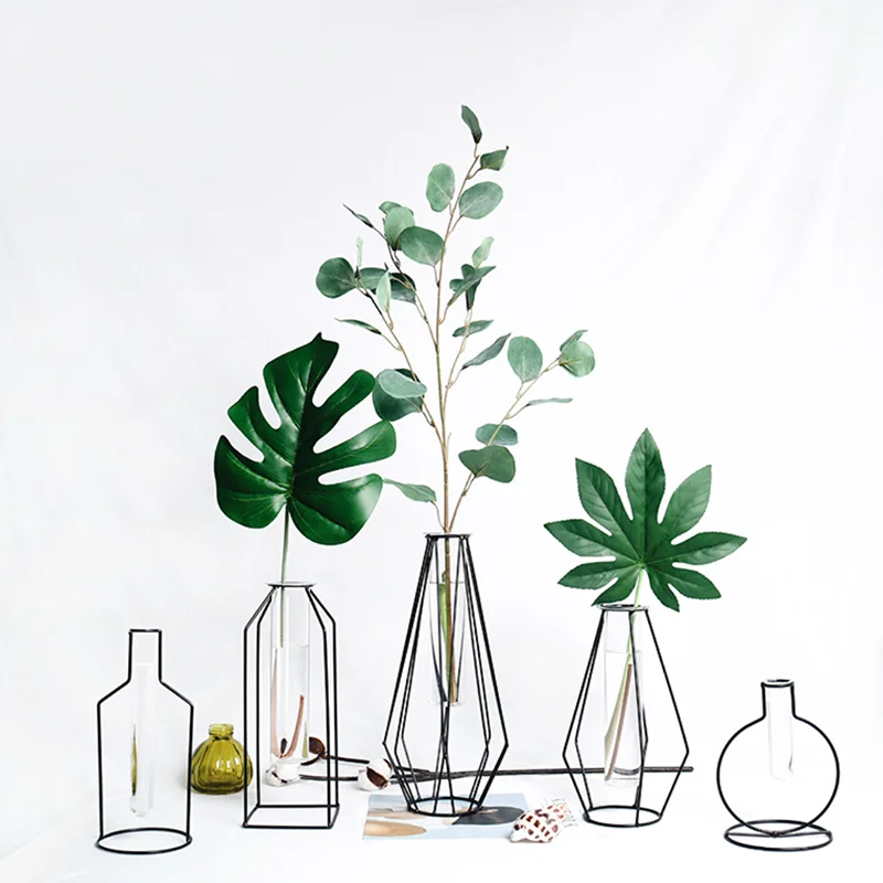 Nordic Style Geometric Design Iron Art Vase Featuring a Unique Glass Tube-for Your Home Decor