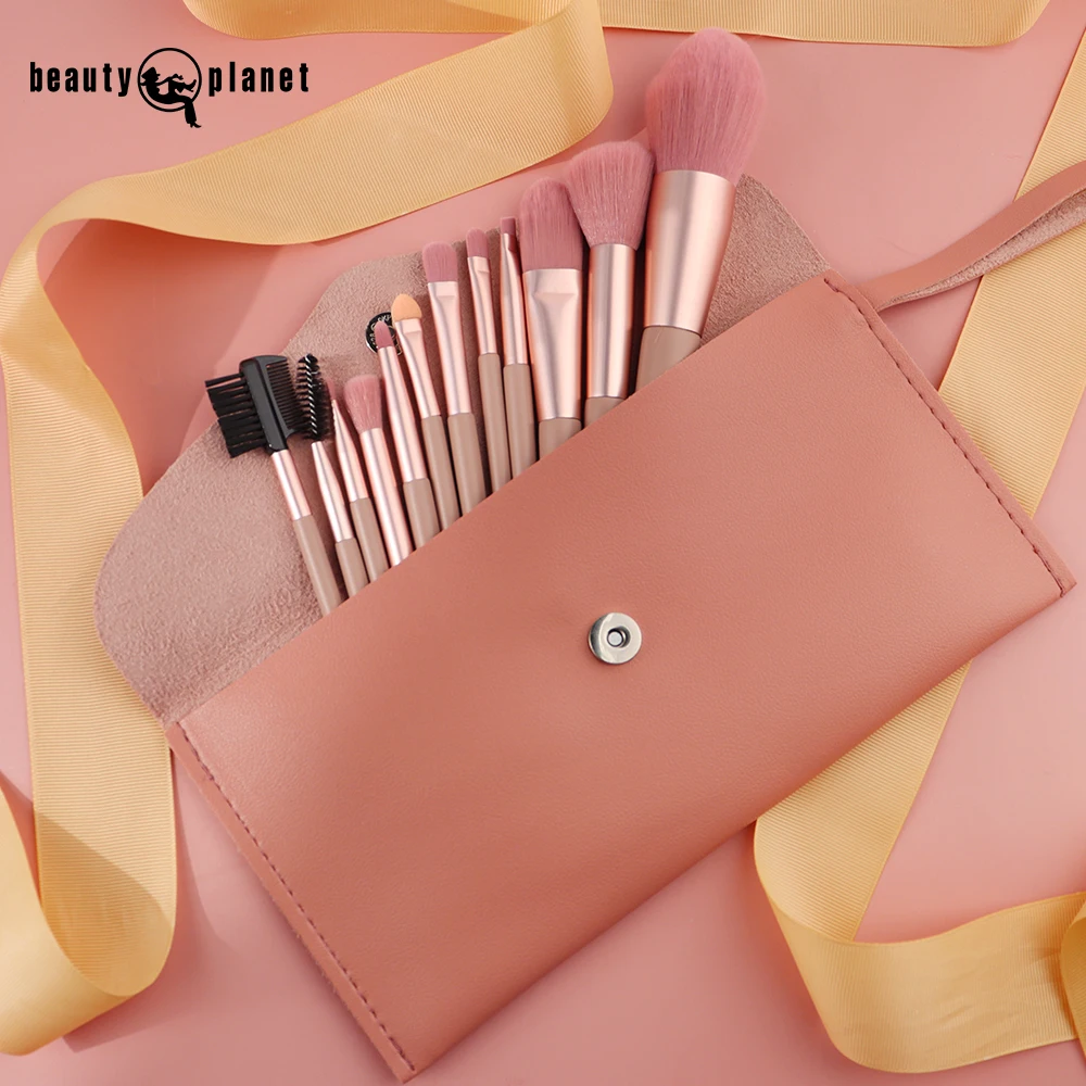 Beauty Planet Wholesale Professional Makeup Brush Set Pink Handle 12pcs Make Up Brush Set Cosmetic Bag Tool Box Storage Pouch