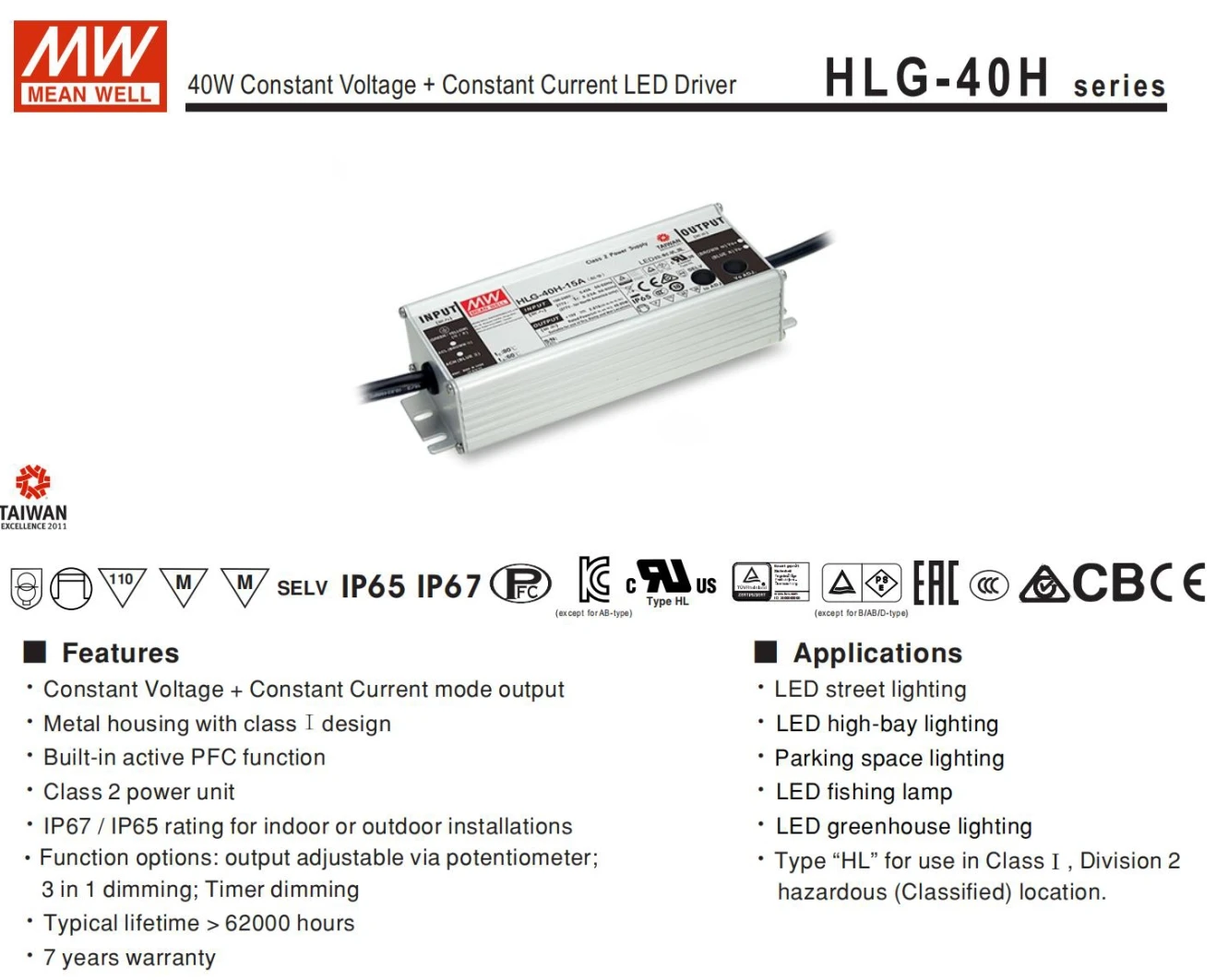 HLG-40H/60H/80H/100H/120H AC DC 12/15/20/24/30/36/42/48/54V Meanwell Led Driver For Square/LED/Grow Lighting