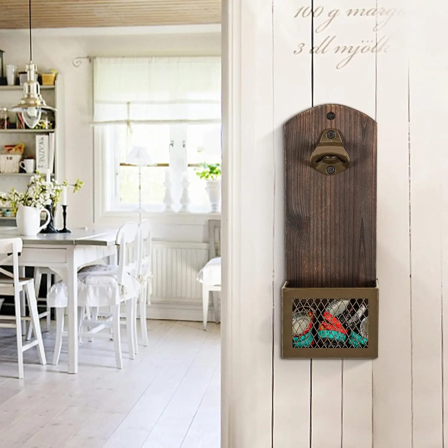 Vintage Wooden Wall Mounted Bottle Opener for Home Kitchen Bar Coffee Shop Corkscrew & Can Opener Tool Cap Catcher Beer Bottles