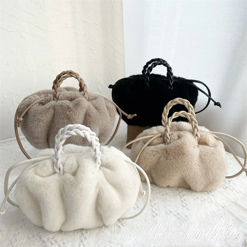 hot selling 2022 autumn and winter new wool-like pumpkin hand bag female drawstring handbag classic women plush bag