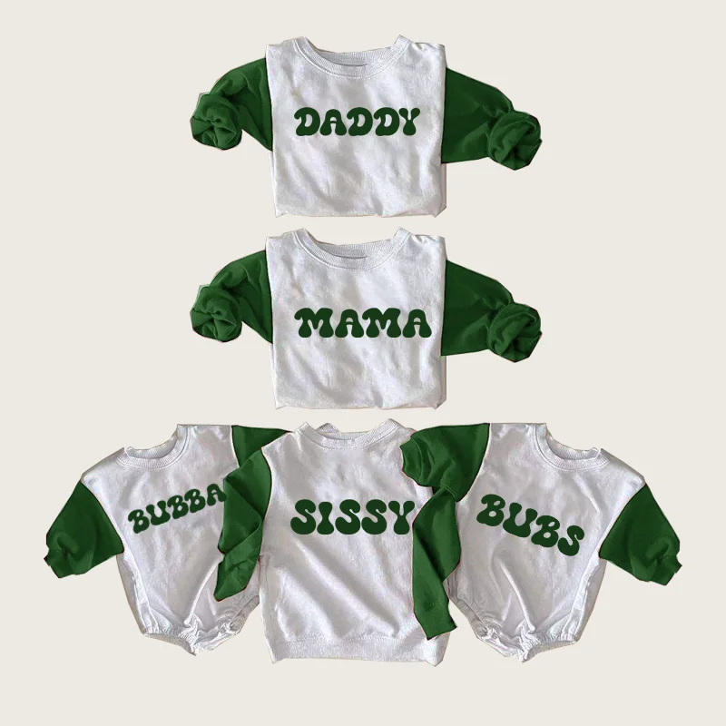 Matching Family Color Block Pullover French Terry Crew Neck Jumper Drop Shoulder Sweatshirt Embroidery Custom Mom Son Daddy Mama