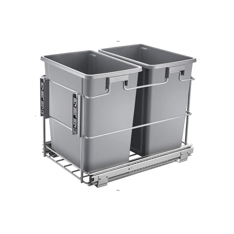 built in Kitchen Cabinet Pull out Waste Bin connected with door in-Cabinet Trash Can with Dual Bucket for Garbage Classification
