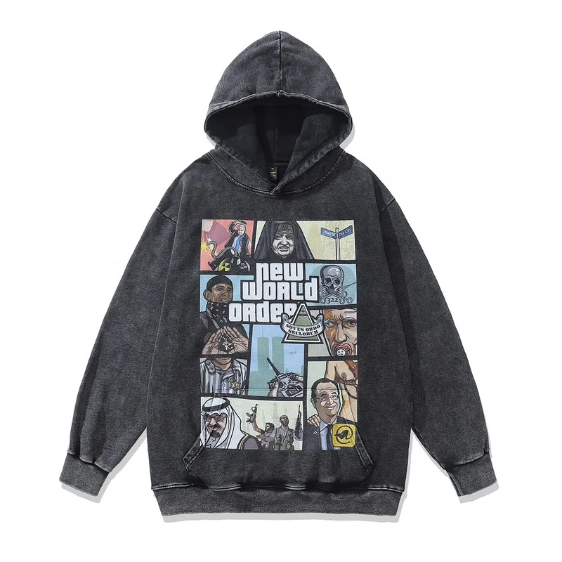 High street vintage fashion cotton acid washed hoodie logo custom embroidery digital printed oversize wash hoodie