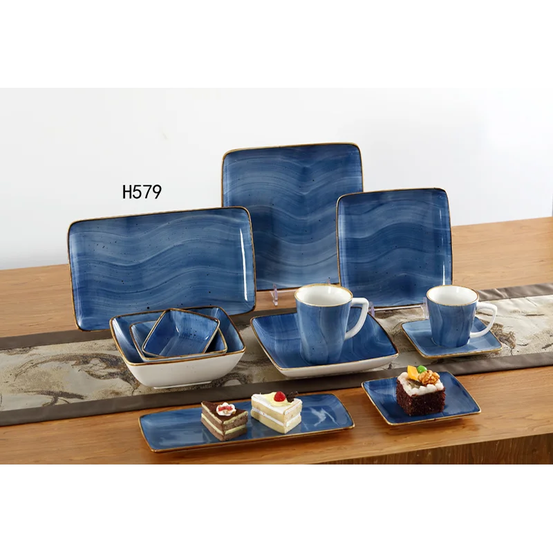 Wholesale New Blue Square Bowl Plate Porcelain Fish Plates Dinnerware Cup Color Ceramic for Home Carton Dinnerware Sets Country