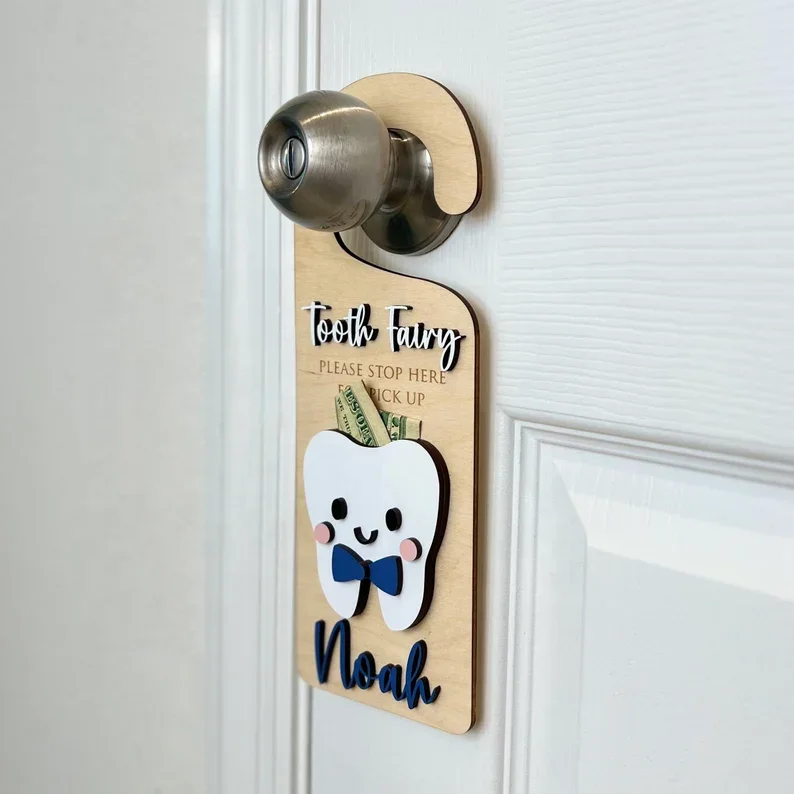 Encourage Gift for Kids Room Decor  Tooth Fairy Door Hanger wooden  tooth fairy  money  Holder